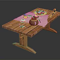 Natural Wooden Dining Table Setting With Fresh Fruit Plate Teapot Cup Napkin And Utensils