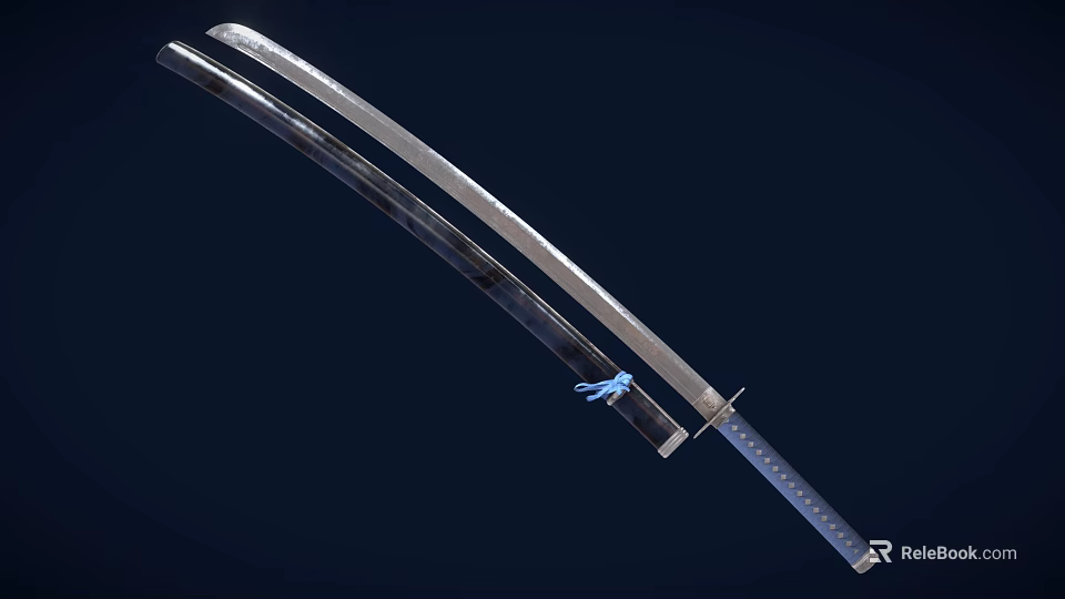 Traditional Katana Sword With Curved Silver Blade Black Sheath And Blue Cord Wrapped Handle 3d model 