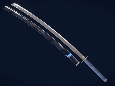 Traditional Katana Sword With Curved Silver Blade Black Sheath And Blue Cord Wrapped Handle 3d model