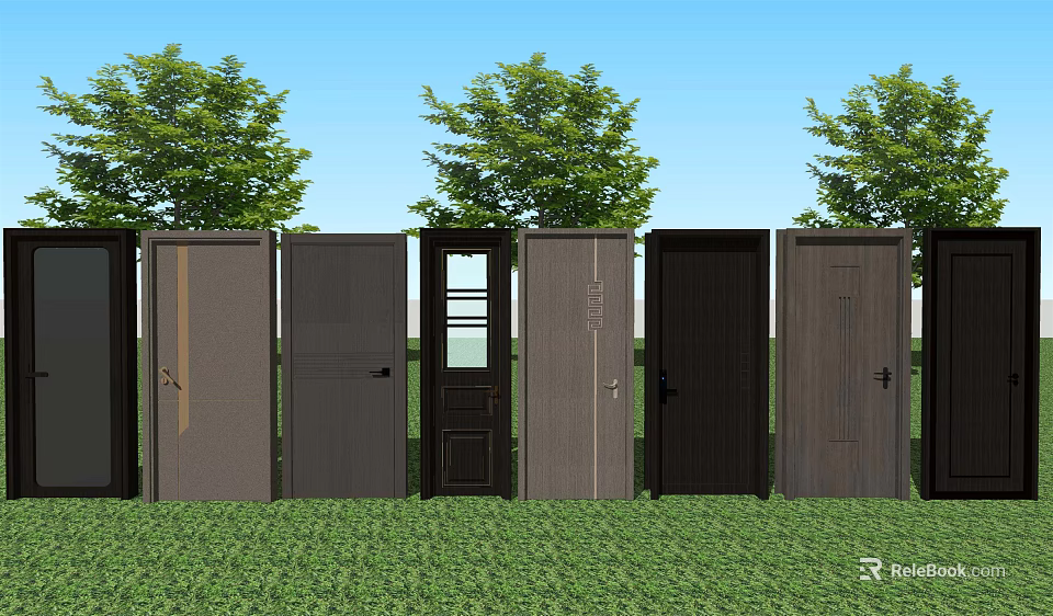 Various Style Swing Doors Display With Green Grass And Trees Background 3d model
