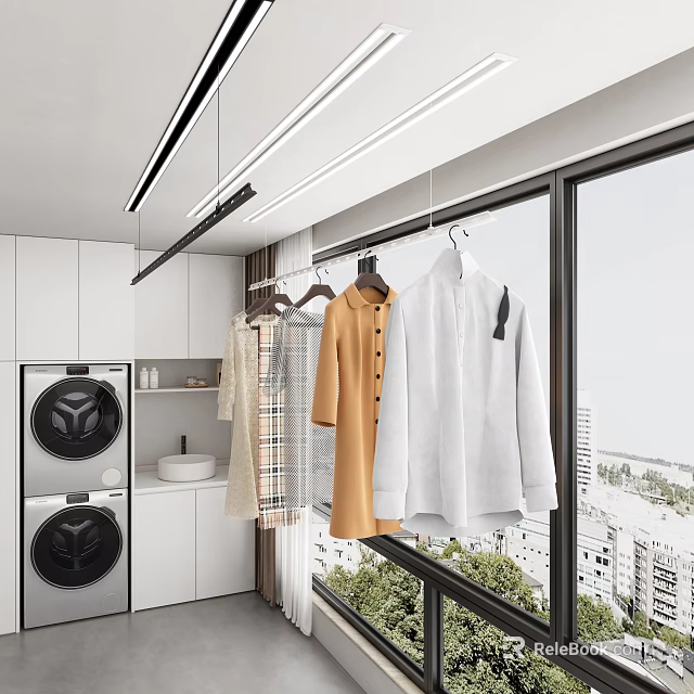Modern Laundry Room Interior with Clothes Hangers Hanging Clothes Washing Machine and Window View 3d model 