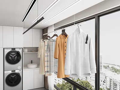Modern Laundry Room Interior with Clothes Hangers Hanging Clothes Washing Machine and Window View 3d model