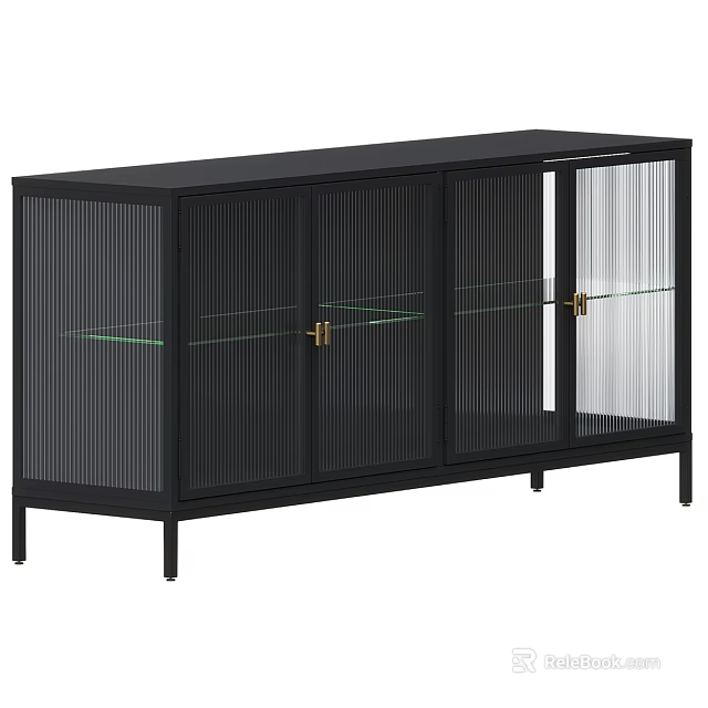 Modern Black Sideboard With Glass Doors Vertical Slats Metal Frame And Golden Handles 3d model 