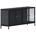Modern Black Sideboard With Glass Doors Vertical Slats Metal Frame And Golden Handles