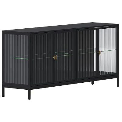 Modern Black Sideboard With Glass Doors Vertical Slats Metal Frame And Golden Handles 3d model