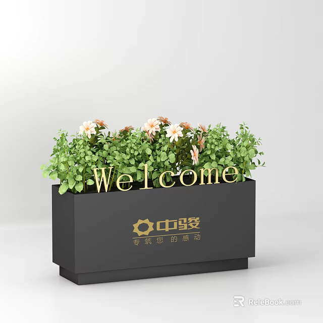 Garden Ornament Planter With Green Plants White Flowers And Golden Welcome Lettering 3d model 