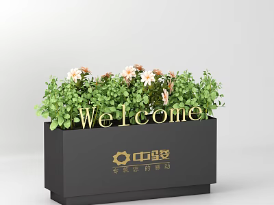 Garden Ornament Planter With Green Plants White Flowers And Golden Welcome Lettering 3d model