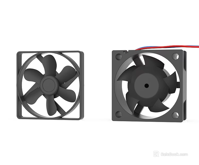 High Quality Black Square Air Conditioner Fans with Efficient Blades and Red Blue Wires 3d model 