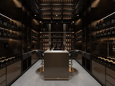 Modern Luxury Wine Cellar Interior With Dark Racks Bar Counter And Stools 3d model