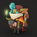 Fantasy Goblin Character With Blue Turquoise Hair Red Hat White Scarf Holding Glowing Magic Item