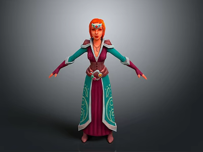 3D Fantasy Character With Red Hair Green Purple Robe Decorative Belt And Intricate Patterns Standing 3d model