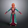 3D Fantasy Character With Red Hair Green Purple Robe Decorative Belt And Intricate Patterns Standing