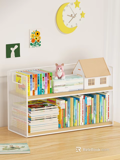 Colorful Children's Books On Wire Bookshelf With Rabbit Toy And Small House Model 3d model 