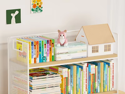 Colorful Children's Books On Wire Bookshelf With Rabbit Toy And Small House Model 3d model