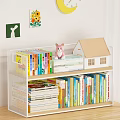 Colorful Children's Books On Wire Bookshelf With Rabbit Toy And Small House Model