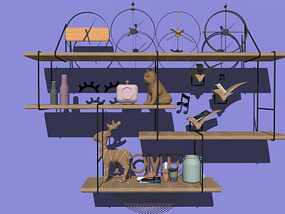 Elegant Decorative Ornament Set On Multi Tiered Shelves With Deer Cat Figures Gears And Bottles 3d model