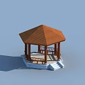 Gazebo With Brown Roof Pillars Bench And White Base On Blue Sky Background