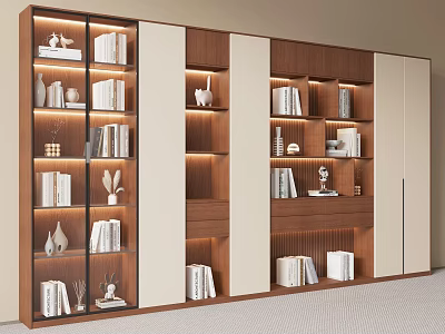 Modern Wooden Bookcase With Glass Doors LED Lighting And Decorative Shelves 3d model