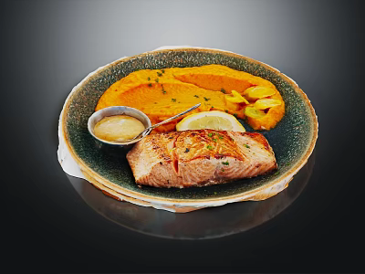 Grilled Salmon Fillet With Pumpkin Puree And Lemon Sauce On Ceramic Plate 3d model