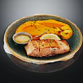 Grilled Salmon Fillet With Pumpkin Puree And Lemon Sauce On Ceramic Plate