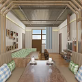 Cozy Wooden Interior Space With Checkered Bench Pictures On Wall And Window