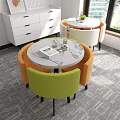 Round Marble Top Table And Colorful Upholstered Chairs Set With Decorative Glass Bottle Tray Notebook