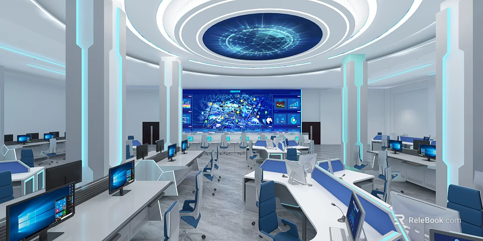 Modern Monitoring Room Interior Design With Large Screens And Control Consoles 3d model 