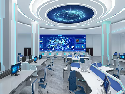 Modern Monitoring Room Interior Design With Large Screens And Control Consoles 3d model
