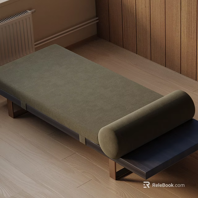 Olive Green Velvet Ottoman Bench With Cylindrical Cushion And Wooden Frame In Natural Setting 3d model 