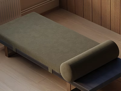 Olive Green Velvet Ottoman Bench With Cylindrical Cushion And Wooden Frame In Natural Setting 3d model