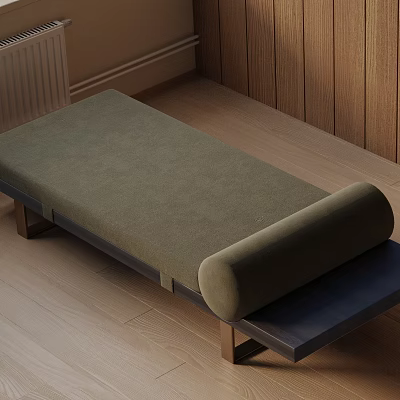 Olive Green Velvet Ottoman Bench With Cylindrical Cushion And Wooden Frame In Natural Setting 3d model