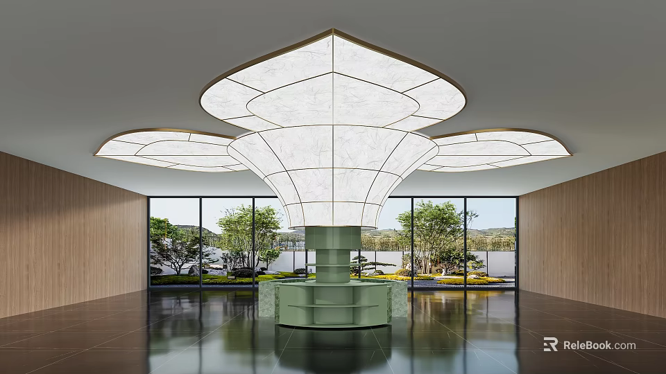 Leisure Area With Flower Shaped Ceiling Light Green Reception Desk And Large Glass Windows 3d model 