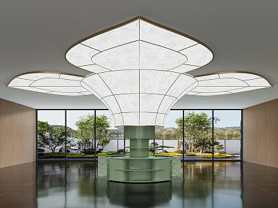 Leisure Area With Flower Shaped Ceiling Light Green Reception Desk And Large Glass Windows 3d model