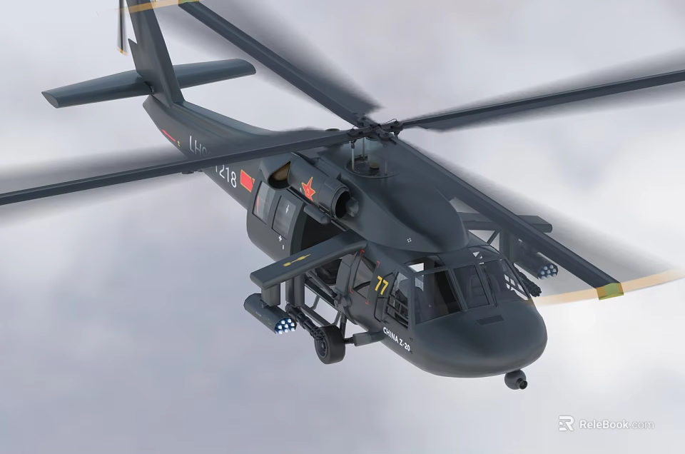 Black Helicopter Flying in Sky With Rotating Rotors And Open Side Doors 3d model 