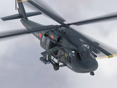 Black Helicopter Flying in Sky With Rotating Rotors And Open Side Doors 3d model
