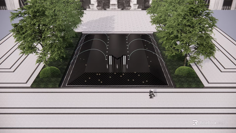 Modern Square With Central Decorative Structures Black Pavement Trees And Greenery 3d model