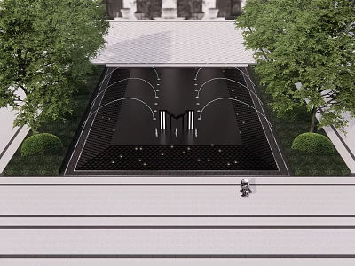 Modern Square With Central Decorative Structures Black Pavement Trees And Greenery 3d model