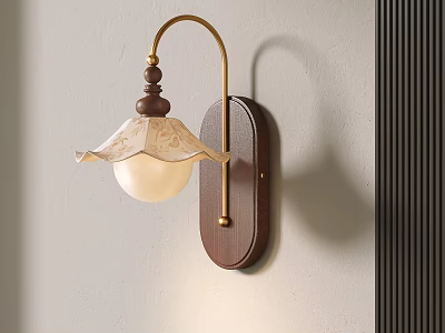 Classic Retro Wall Lamp With Wooden Base Curved Metal Arm And White Patterned Lampshade 3d model