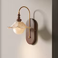 Classic Retro Wall Lamp With Wooden Base Curved Metal Arm And White Patterned Lampshade