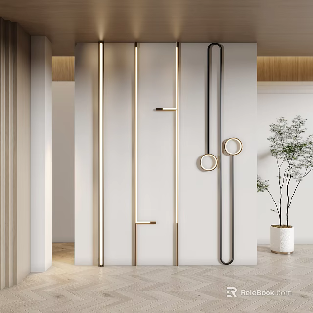 Modern Long Strip And Circular Wall Lights Mounted On White Wall With Potted Plant 3d model 