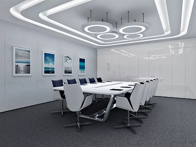Modern Conference Room With Long Table White Chairs Ceiling Lights And Wall Paintings 3d model