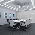 Modern Conference Room With Long Table White Chairs Ceiling Lights And Wall Paintings