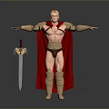 Muscular Blond Man in Golden Shoulder Armor Red Cape Holding Sword Standing Pose