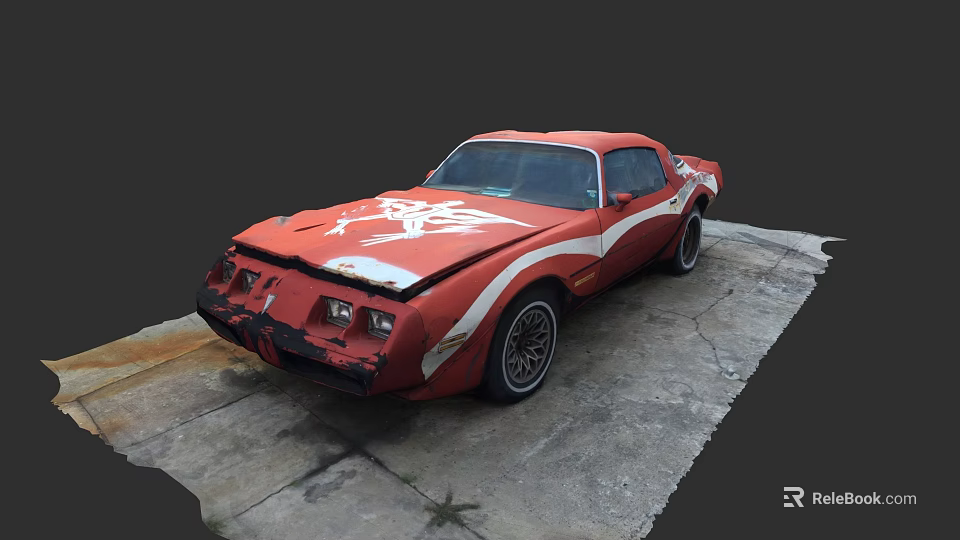 Red Vintage Car with White Graphics Damaged Front End Parked on Cracked Concrete Surface 3d model 