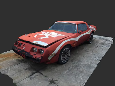 Red Vintage Car with White Graphics Damaged Front End Parked on Cracked Concrete Surface 3d model