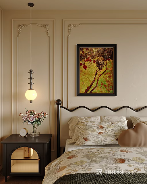 Double Bed with Black Bedframe Beige Walls Nightstand Vase Flowers Table Lamp and Wall Painting 3d model 