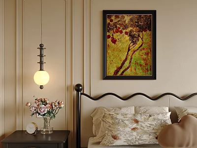 Double Bed with Black Bedframe Beige Walls Nightstand Vase Flowers Table Lamp and Wall Painting 3d model