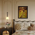 Double Bed with Black Bedframe Beige Walls Nightstand Vase Flowers Table Lamp and Wall Painting