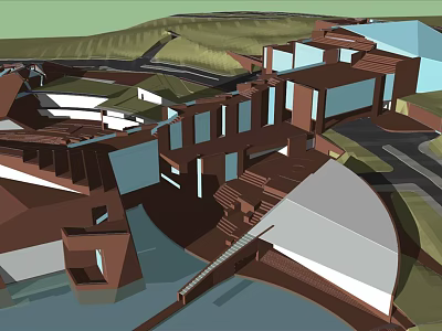 Scenic Modern Community With Unique Buildings River Bridge And Green Environment Design 3d model