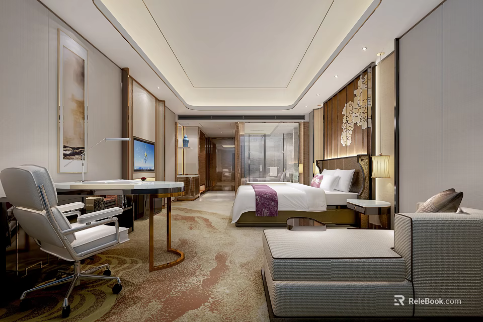 Modern Hotel Room Interior With Comfortable Bed Desk Sofa And Decorative Paintings 3d model 